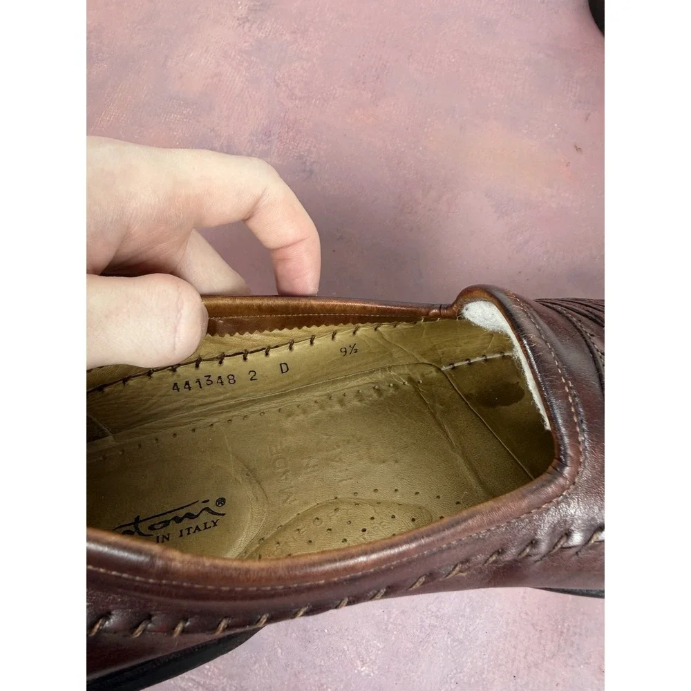 Santoni Cognac Calf Leather Loafer Brogued‎ Moc Shoes 441348 Men's 9.5D